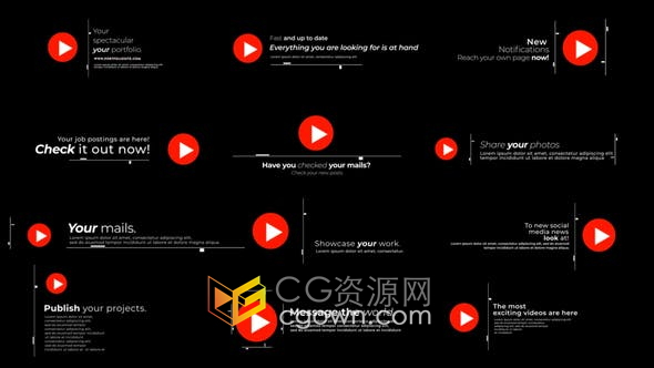 AE模板-带视频播放图标字幕条媒体vlog文字标题12效果动画