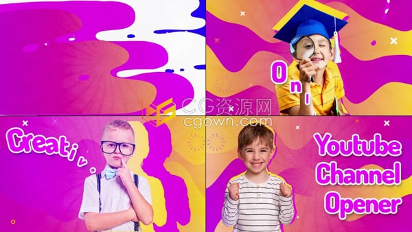 AE模板-明亮液体背景有趣彩色描边肖像照片定格动画快乐儿童视频毕业Vlog
