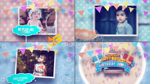生日快乐幻灯片制作AE模板下载六一儿童节相册视频照片动画效果