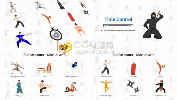 AE模板-功夫艺术拳击格斗柔术空手道30个武术图标动画Martial Arts Icons