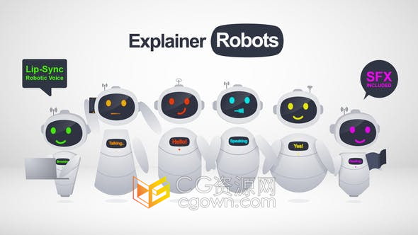 AE模板-3D器机器人解释姿势动画包括声音效果控制头部手面部表情