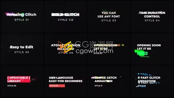 AE文本动画模板-粗体文本自适应大小像差故障排版科技标题字幕Glitch Titles