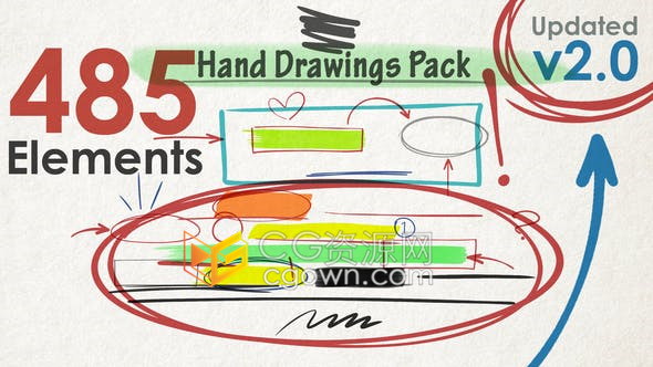 485个逼真可自定义的手绘箭头线条方框圆圈标记引用气泡动画元素免费下载-AE模板