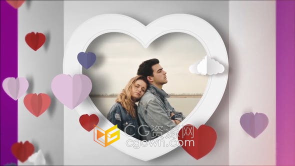 AE模板-心形状剪纸场景动画婚礼情人相册视频可爱幻灯片