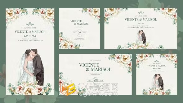 浪漫水彩花卉动画甜蜜婚礼电子邀请函宴会请柬制作-AE模板