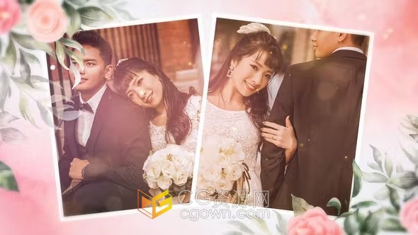 甜蜜浪漫淡粉色调情侣照婚礼照片宴会LED屏播放视频相册-AE模板
