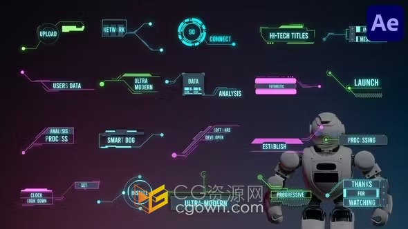 数字霓虹灯动画高科技HUD标题技术产品游戏界面科幻主题演示-AE模板