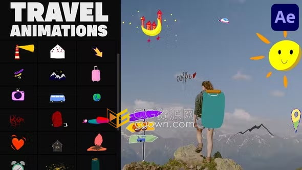 AE模板-旅行主题可爱手绘动画卡通贴纸tik tok朋友圈小视频vlog叠加元素