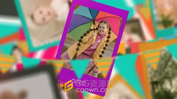 彩旗遮罩儿童照片视频相册趣味活动相片专辑-AE模板