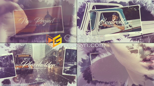 水墨幻灯片制作AE模板复古优雅水墨遮罩动画美丽视频相册展示照片动画