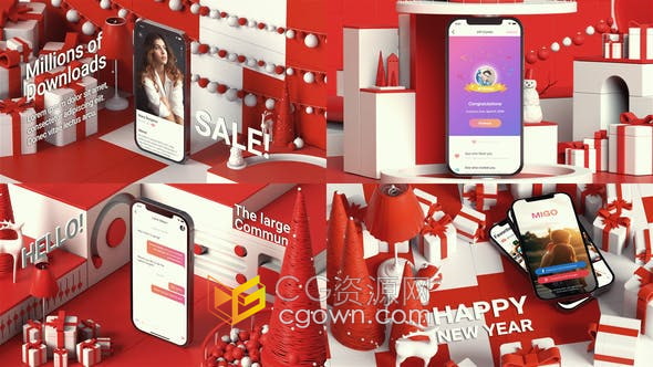 AE模板-圣诞节红色喜庆3D场景动画宣传介绍APP应用软件