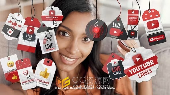 社交媒体订阅关注点赞创意悬挂标签动画元素-AE模板