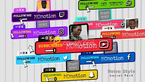 AE标题模板-9个小窗口字幕条复古风格社交媒体订阅样式