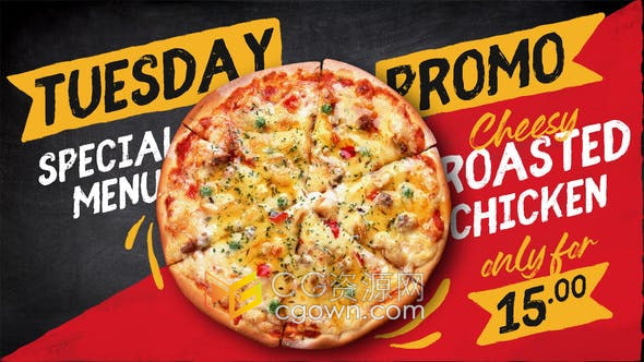 AE模板-有趣黑板上展示食物菜单图片幻灯片广告视频