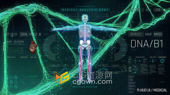 AE模板-医疗新科技介绍HUD人体化学生物元素UI界面动画身体心脏大脑病毒DNA