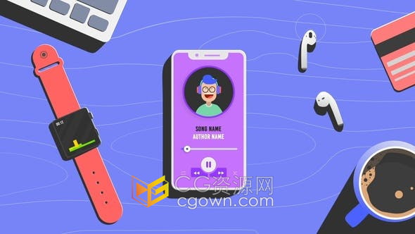 AE模板-卡通图形场景智能手表手机音乐可视化器播放视频