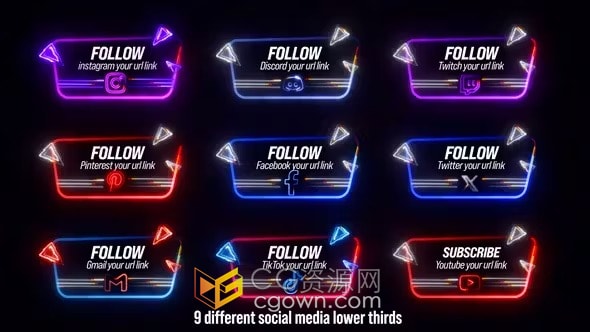 9种霓虹灯发光带社交媒体平台LOGO排版标题动画-AE模板