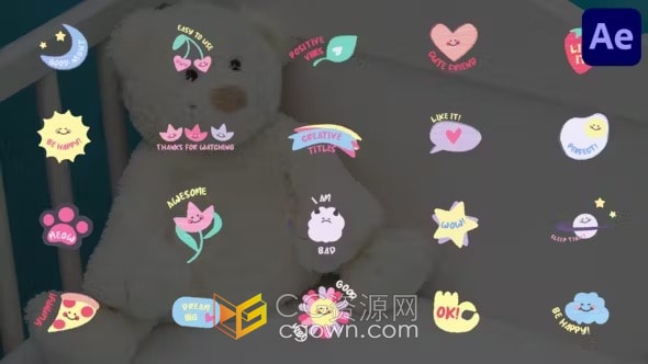 卡通贴纸式文本动画可爱创意艺术标题-AE模板