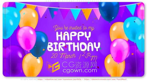 AE模板-生日快乐视频可爱卡通彩色气球五彩纸屑相册幻灯片