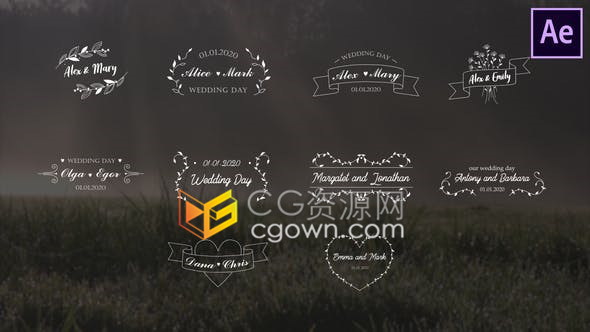 4k分辨率10款效果婚礼徽章标签介绍文字动画视频字幕效果-AE模板