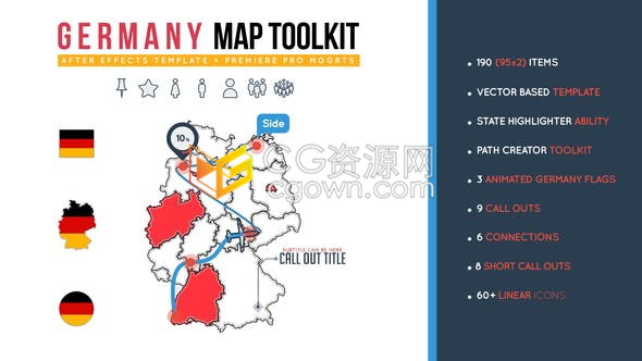德国地图动画制作包信息图形地图动画统计图天气地图动画旅行路线介绍-AE与PR模板