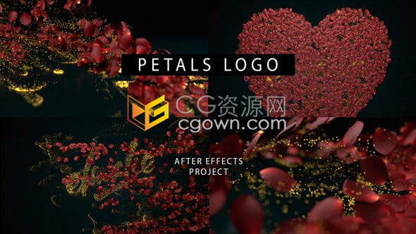 AE模板玫瑰花瓣吹散金色粒子动画婚礼视频片头LOGO效果