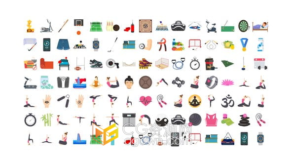 AE模板-体育运动健身瑜伽健美操图标动画100 Exercise & Fitness Icons