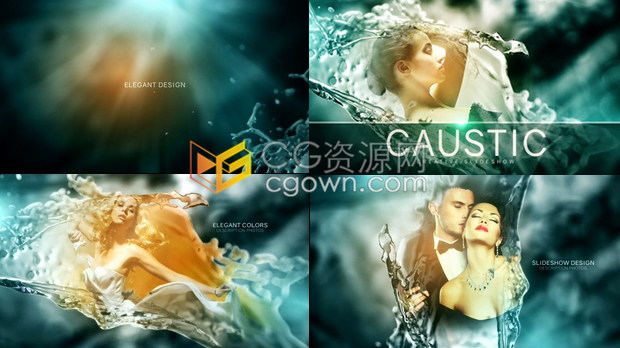 AE模板飞溅水慢动作动画优雅水晶幻灯片展示照片动画视频相册