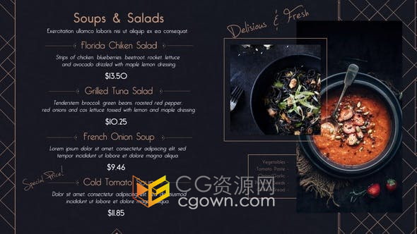 AE模板-美味餐厅菜单西餐厅牛排价格表介绍图文幻灯片视频动画