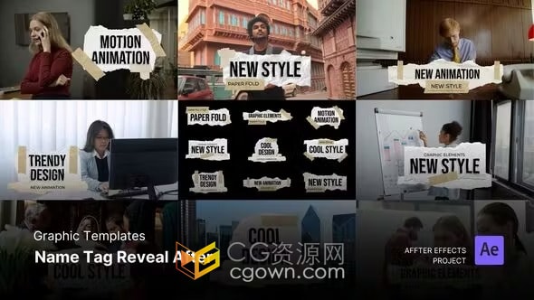 9个撕纸标题姓名标签社交媒体图形动画AE模板