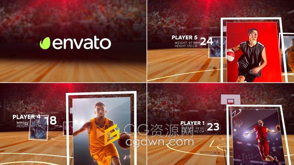 AE模板-篮球运动员首发阵容体育场照片动画宣传片头视频