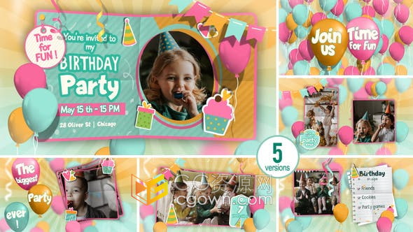 AE模板-庆祝生日快乐邀请幻灯片喜悦孩子照片儿童相册视频