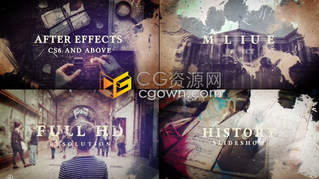 AE模板旧式牛皮纸水墨滴落晕染演示历史回忆电影纪录片复古时尚相册