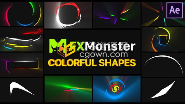 AE模板独特绚酷舞蹈小视频多彩发光线特效时尚光泽像素化涂抹形状元素动画