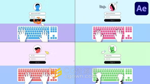 键盘登录用户界面卡通动画场景在线服务演示网站教程-AE模板