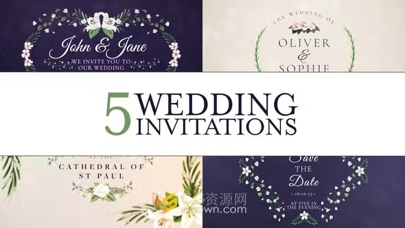 AE模板-5个美丽的花卉婚礼请柬动画电子邀请函