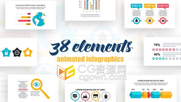 AE模板38种设计统计图表全球分析介绍工作流图形动画设计效果