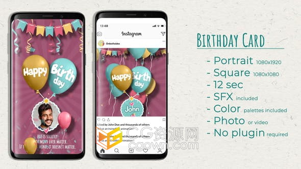 AE模板-创建生日贺卡短视频气球头像照片庆祝生日动画
