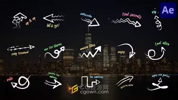 2D手绘箭头和卡通多彩标题文本动画-AE模板