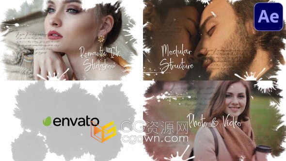 AE模板-墨水幻灯片滴墨晕散遮罩动画展示照片相册视频制作