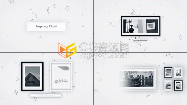 AE模板空间感飘浮飞行音符背景黑白纯净艺术相框摄影作品展示相册