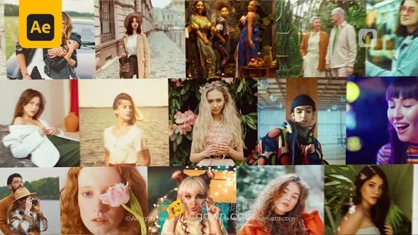AE模板-拼贴画照片墙摄影作品集短片多屏人物照片开场