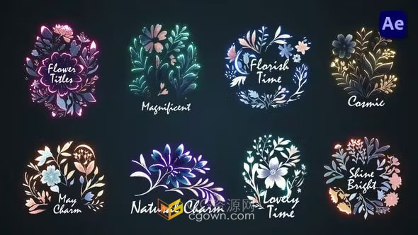 AE与PR模板-花卉标题创意多彩霓虹灯花束徽章标签文本