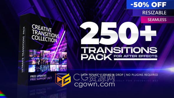 AE模板-250+Transitions折射条纹模糊网格故障数字泄漏光线视频转场动画