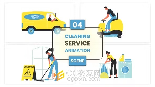清洁家政服务概念插图场景卡通角色动画展示-AE模板