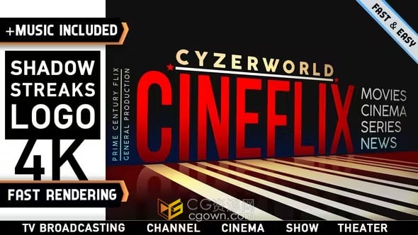 带有3D阴影条纹标志大文字标题动画电影片头节目介绍-AE模板