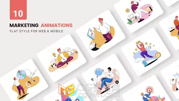 平面概念10个视频商业营销动画企业业务解说卡通动画视频AE模板