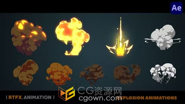 卡通Flash 2D FX爆炸燃烧火焰烟雾特效动画AE模板