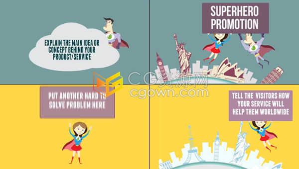 AE模板-卡通超级英雄角色推广展示应用程序产品服务宣传动画