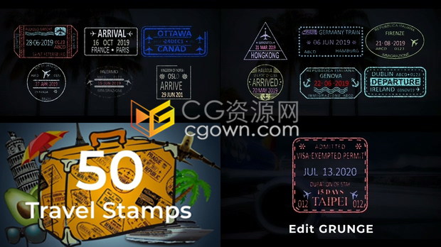 AE模板50张旅行邮票设计图案世界旅游文字徽章邮票动画